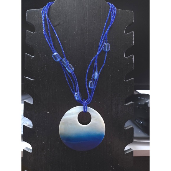 Jewelry - Vintage Boho Beaded Necklace Big Mother‎ of Pearl Pendant Blue Ombre Ocean Beach